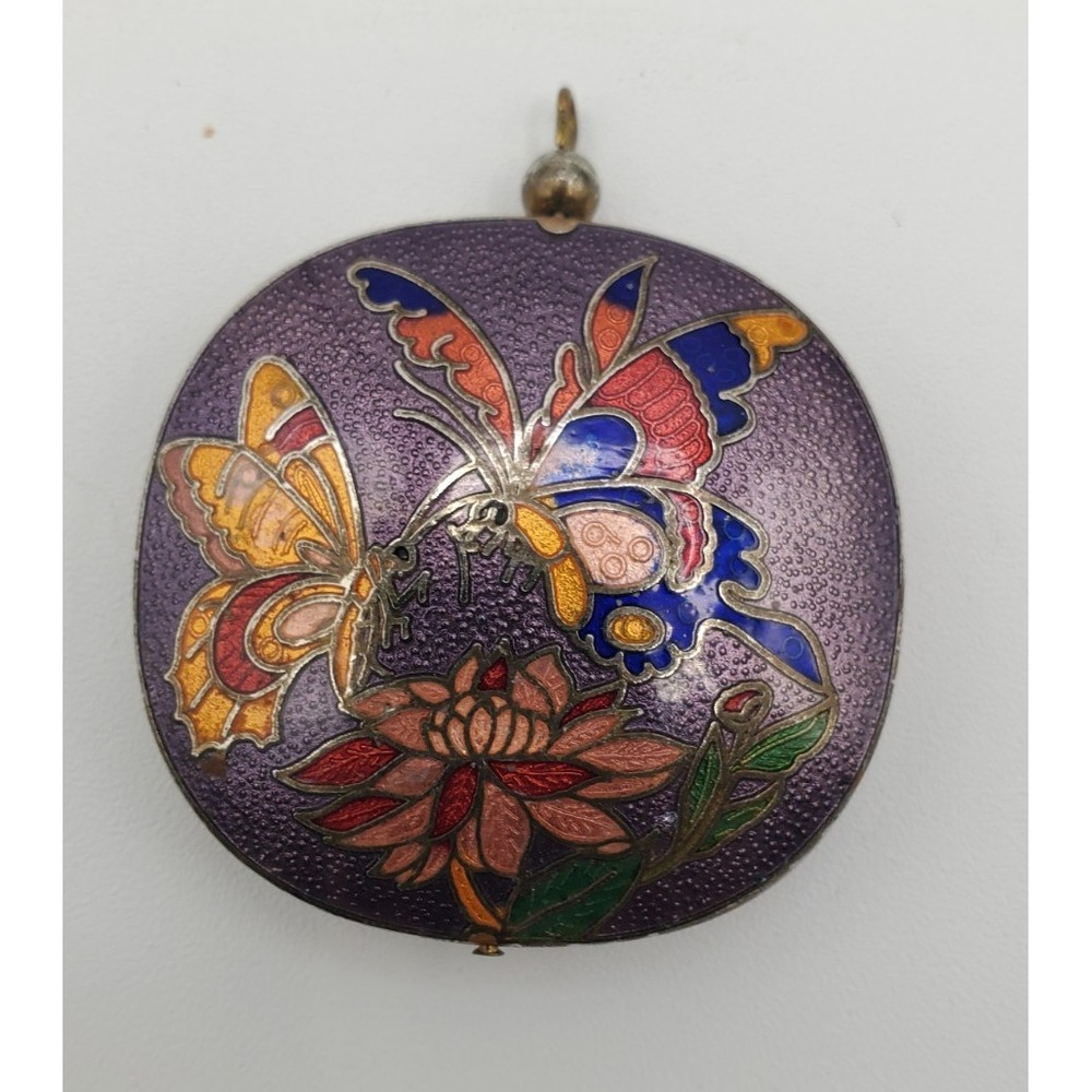 Vtg Cloisonne Butterfly & Flowers Two Sided Pendant - Picture 3 of 4